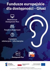 Plakat projektu Fundusze Europejskie dla Dostępności. Informacja o webinariach oraz panelach dyskusyjnych.