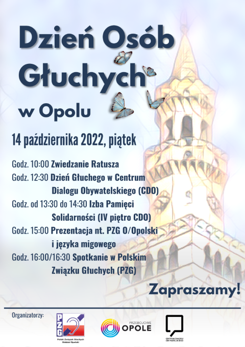 Plakat informujący o wydarzeniach towarzyszących Świętu Osób Głuchych w Opolu w dniu 14 października 2022.