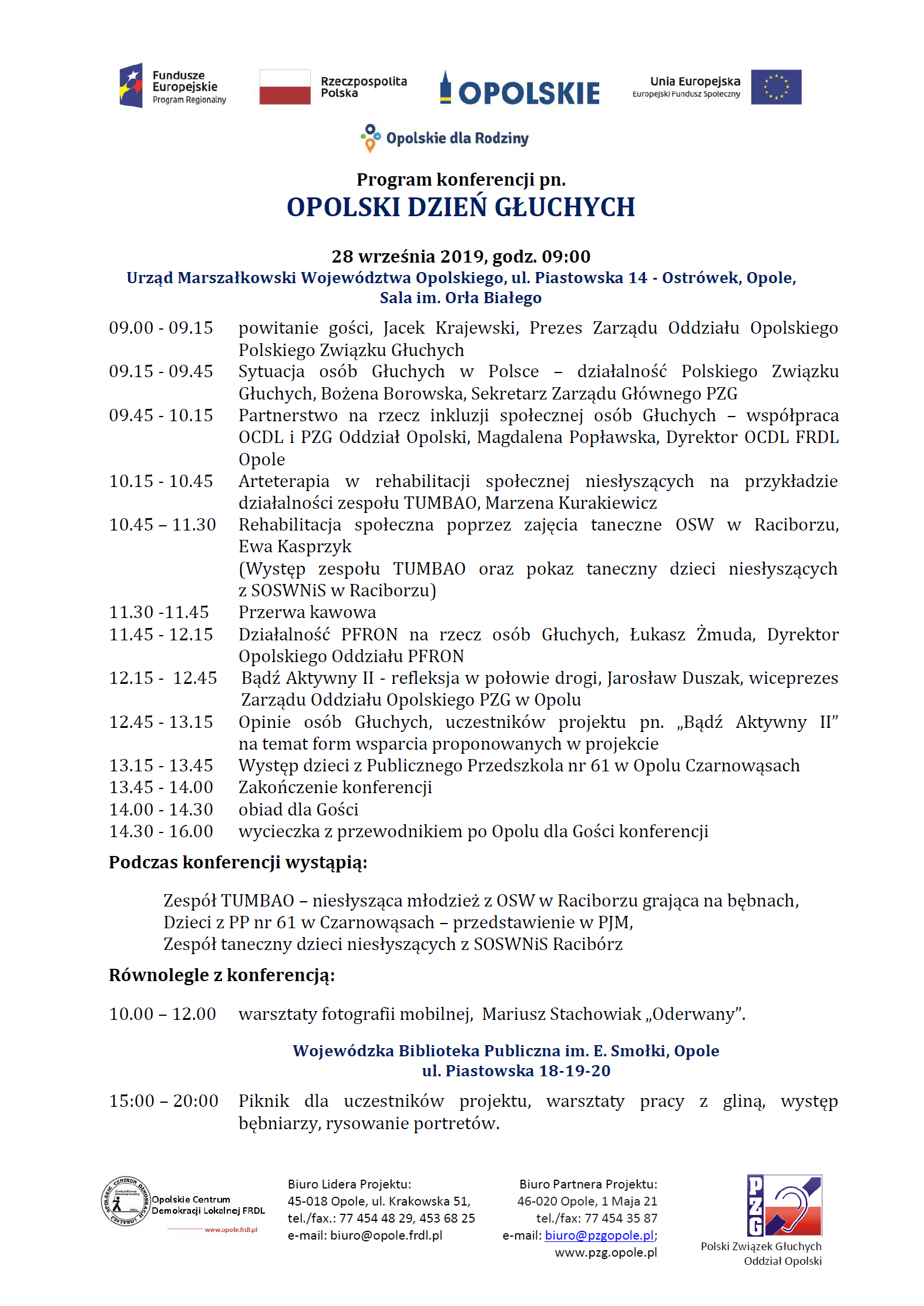Program Opolskiego Dnia Głuchych, który będzie miał miejsce 28 września 2019 roku.