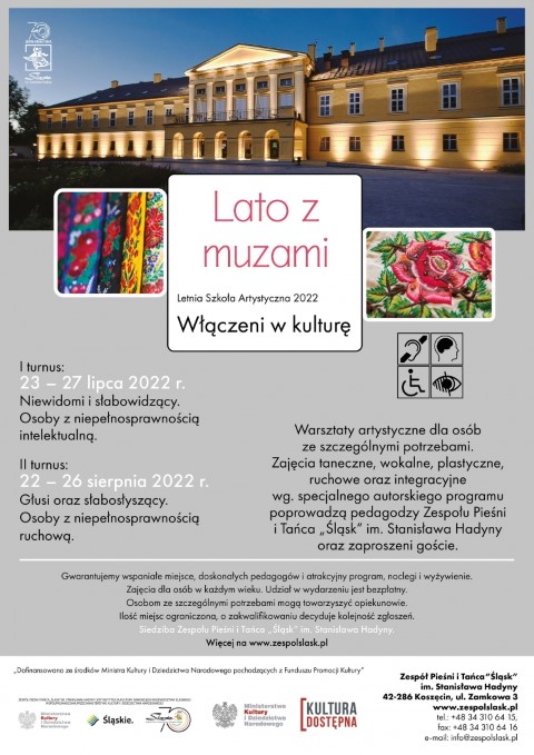 Plakat informacyjny o warsztatach artystycznych dedykowanych osobom z niepełnosprawnościami, organizowanych przez Zespół Pieśni i Tańca Śląsk z Koszęcina.