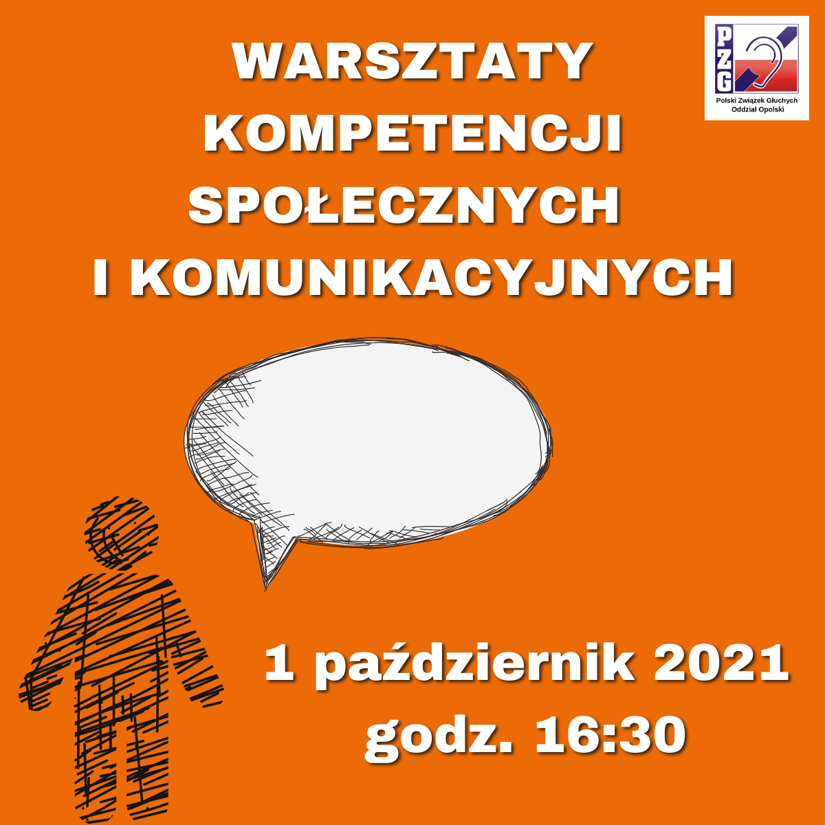 Plakat informujący o warsztatach obywatelskich. Na plakacie narysowana postać z dymkiem symbolizującym rozmowę.